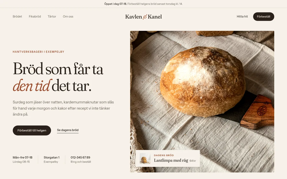 Efter: varm bagerisida i krämvitt med stor serifrubrik och ett foto av nybakat surdegsbröd på linneduk