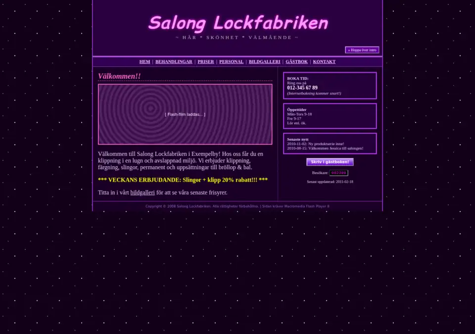 Före: påhittad frisörsida med lila glittrig bakgrund och Flash-ruta